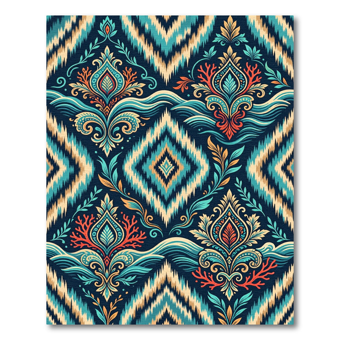 Boho Navy Teal Ikat Floral Medallion Rug