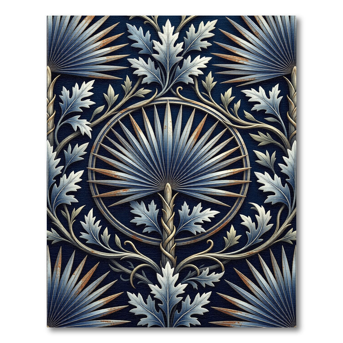 Intricate Navy Blue Botanical Palm Medallion Rug