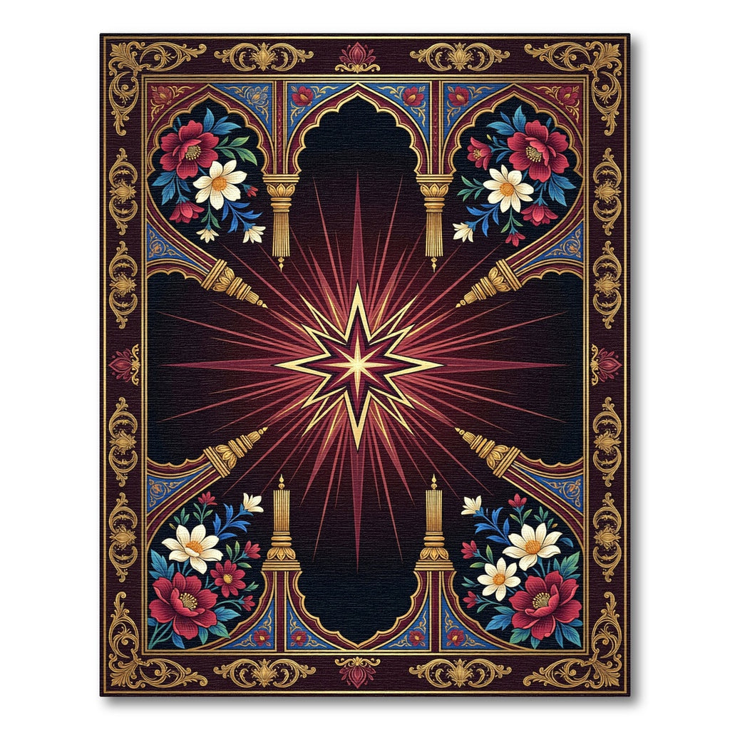 Radiant Deep Crimson Star Floral Ornament Rug