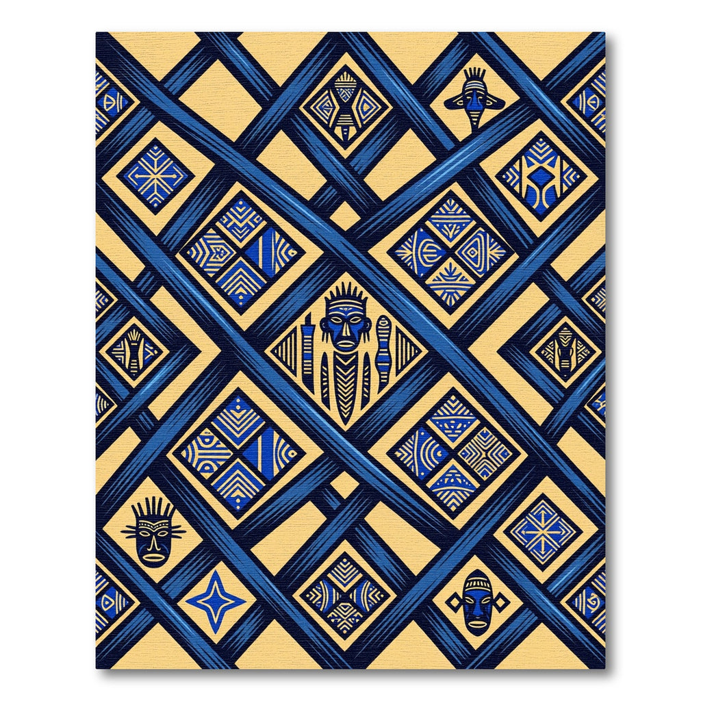 Geometric Blue Gold Tribal Diamond Rug