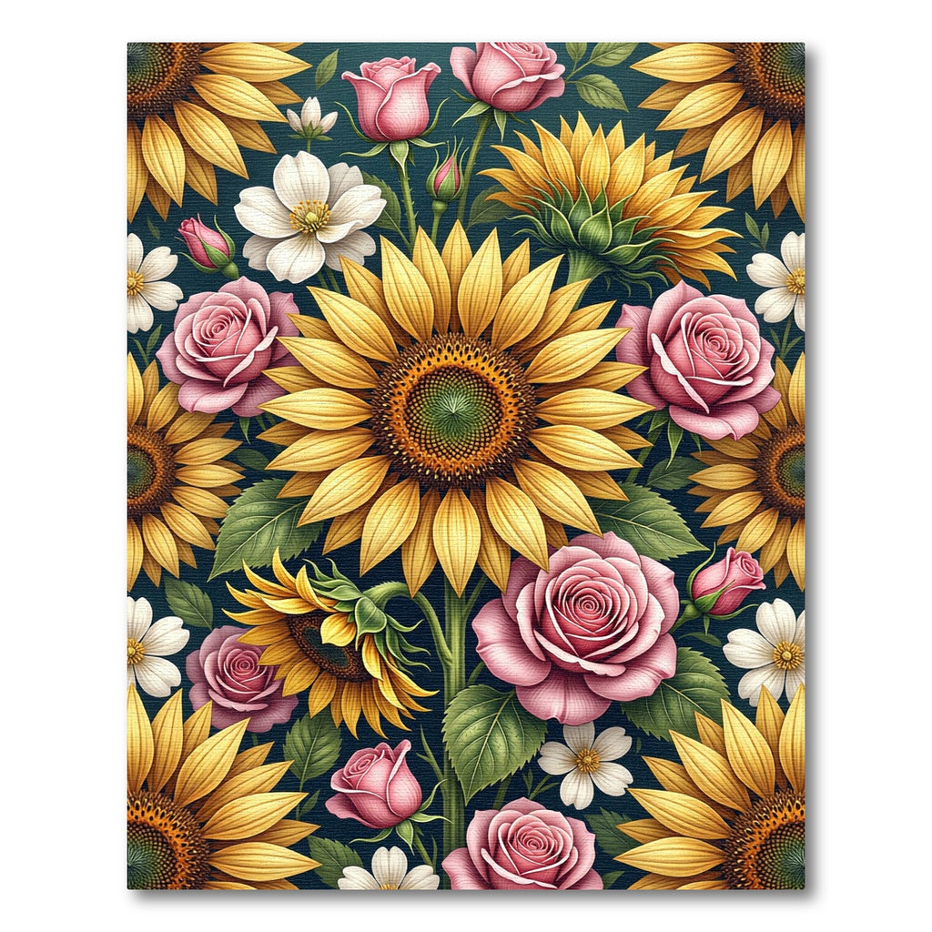 Sunflowers and Pink Roses Floral Botanical Rug