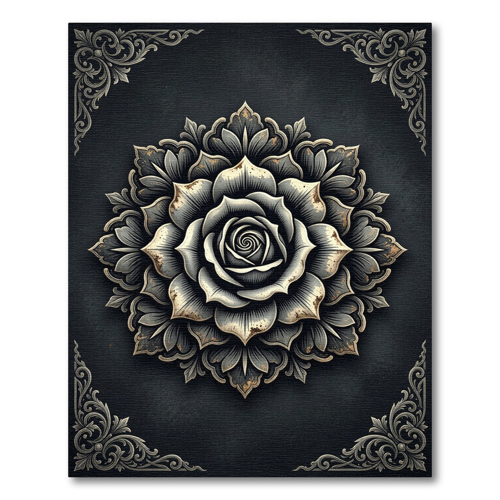 Ornate Monochrome Rose Mandala Medallion Rug