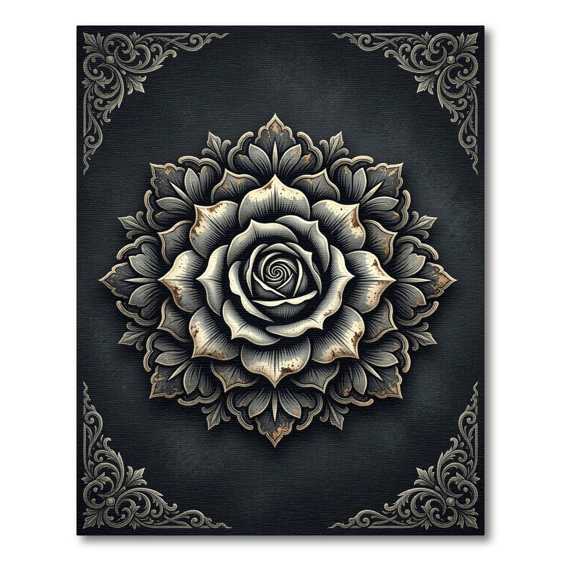 Ornate Monochrome Rose Mandala Medallion Rug