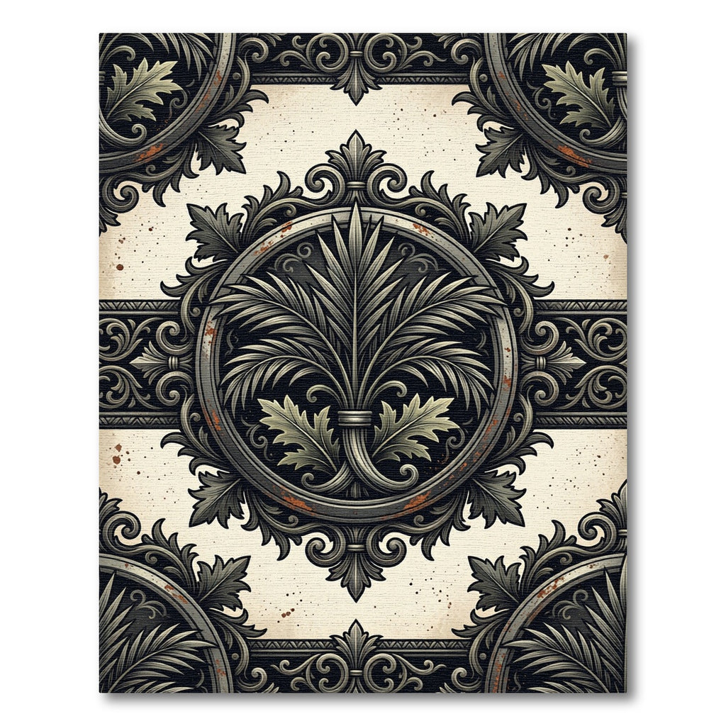 Ornate Charcoal Acanthus Palm Medallion Rug