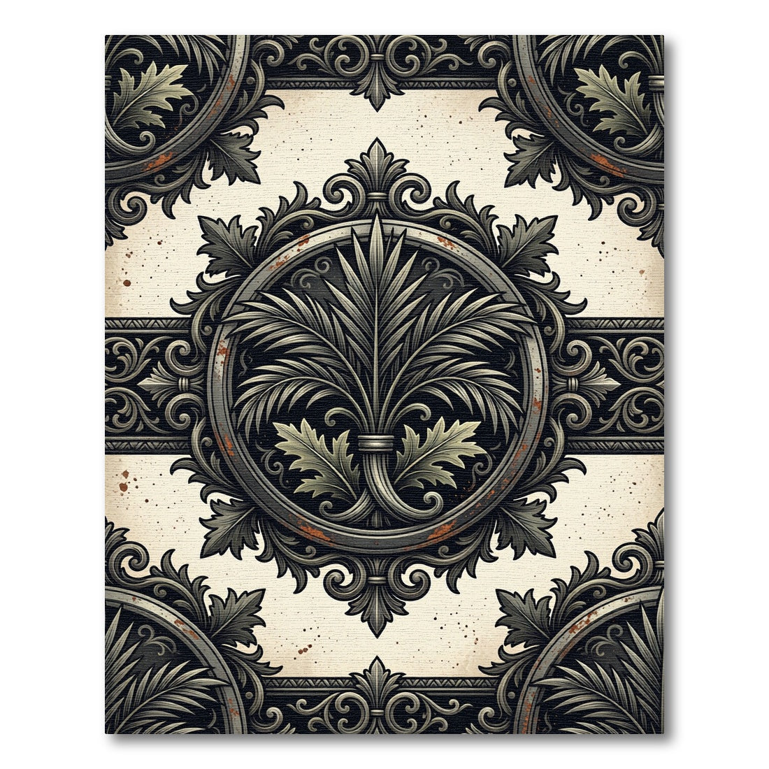 Ornate Charcoal Acanthus Palm Medallion Rug