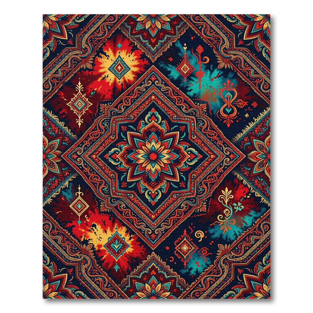 Radiant Crimson Teal Medallion Tie-Dye Rug