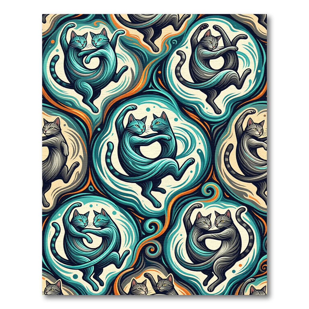 Turquoise Gray Dancing Cats Swirl Rug