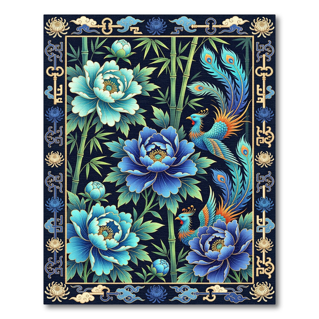 Azure Peony Phoenix Bamboo Garden Rug