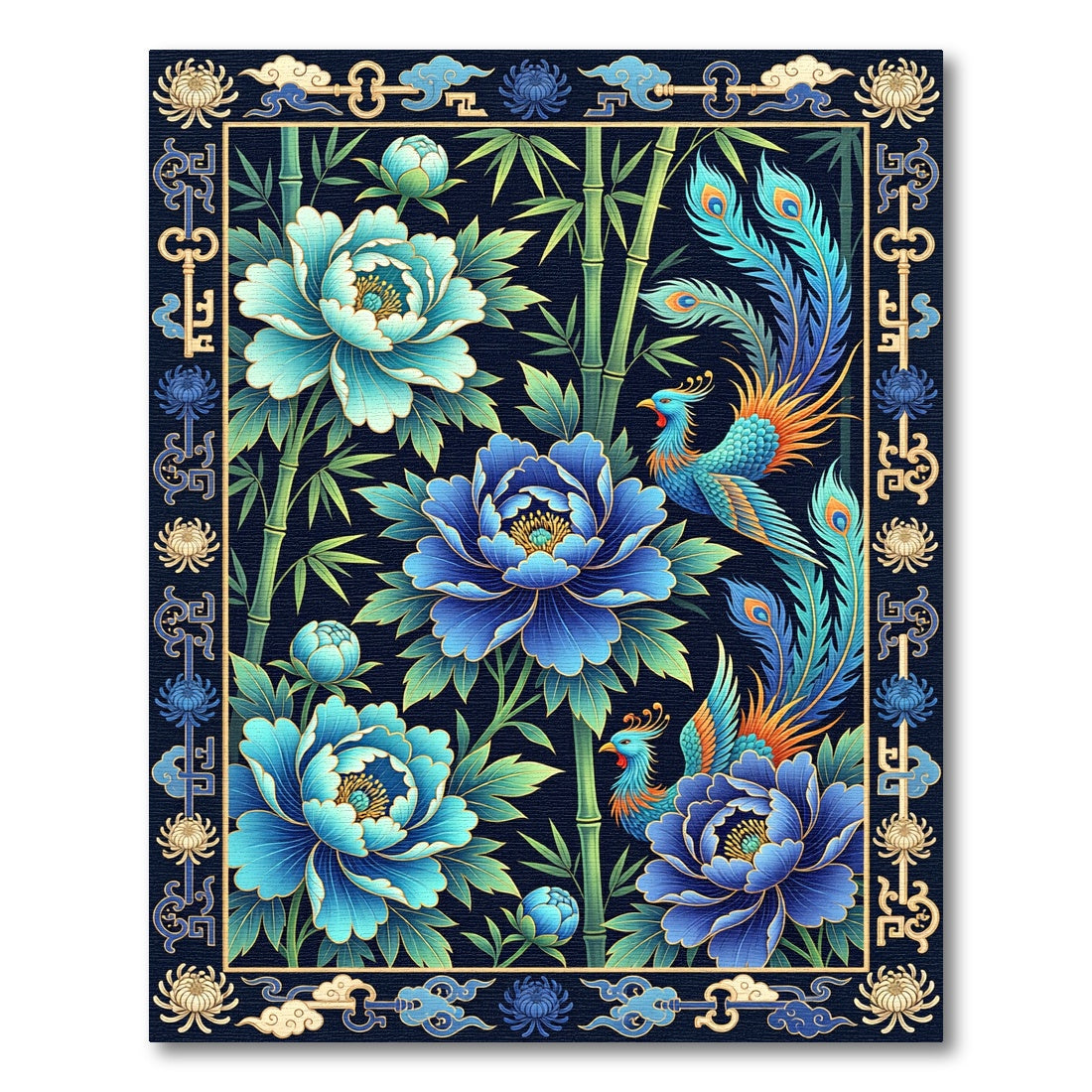 Azure Peony Phoenix Bamboo Garden Rug