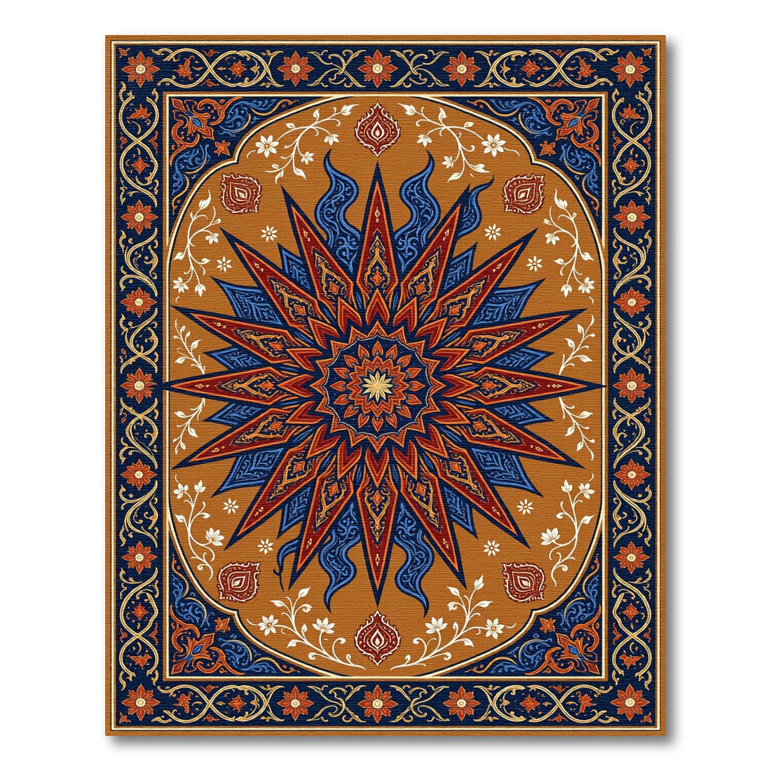 Rich Red Blue Sunburst Floral Medallion Rug