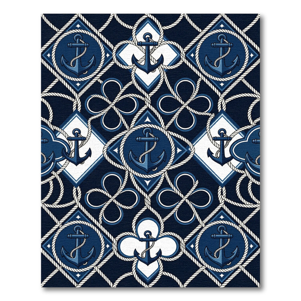 Navy Nautical Anchor Rope Geometric Rug