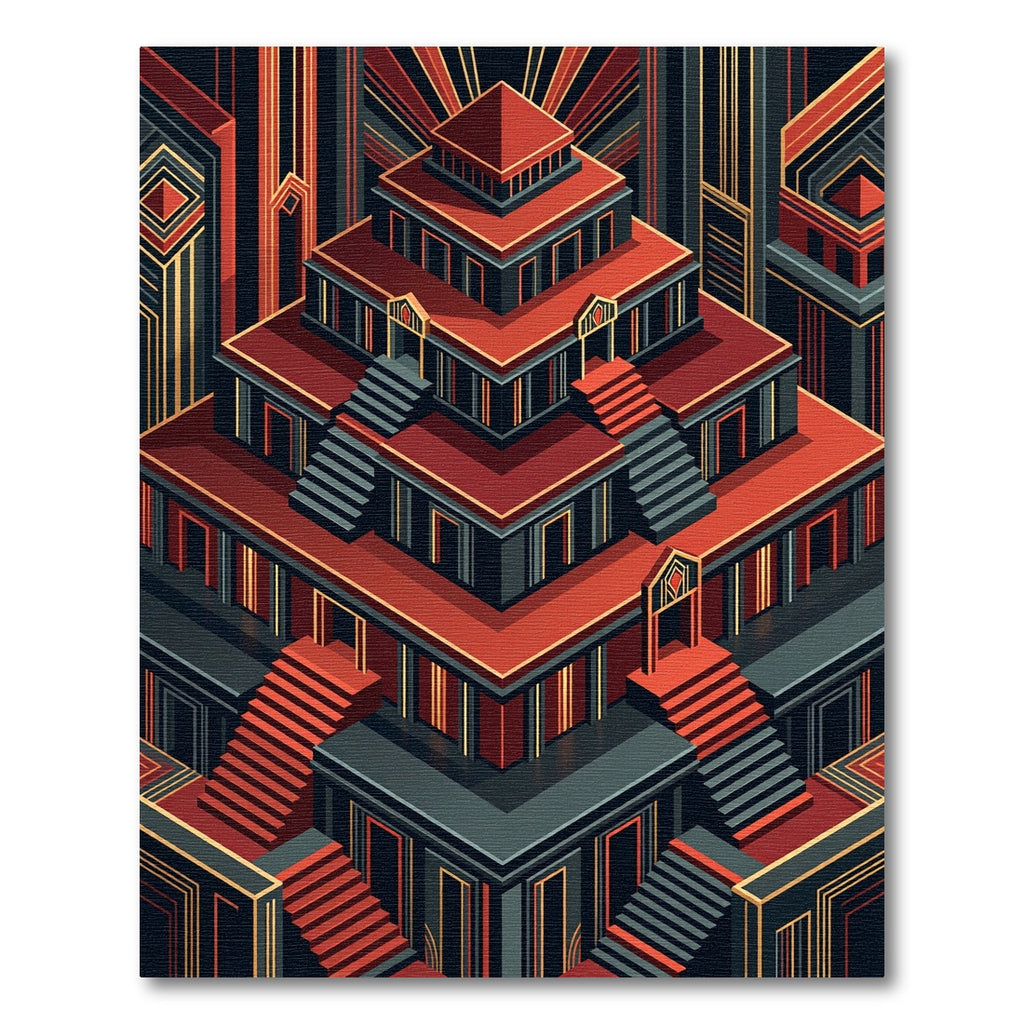 Red Art Deco Geometric Architecture Rug