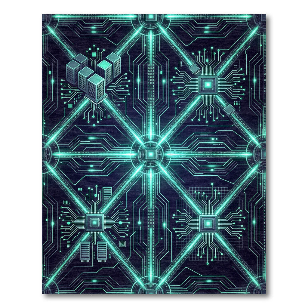 Neon Cyber Circuitry Grid Glowing Teal Rug