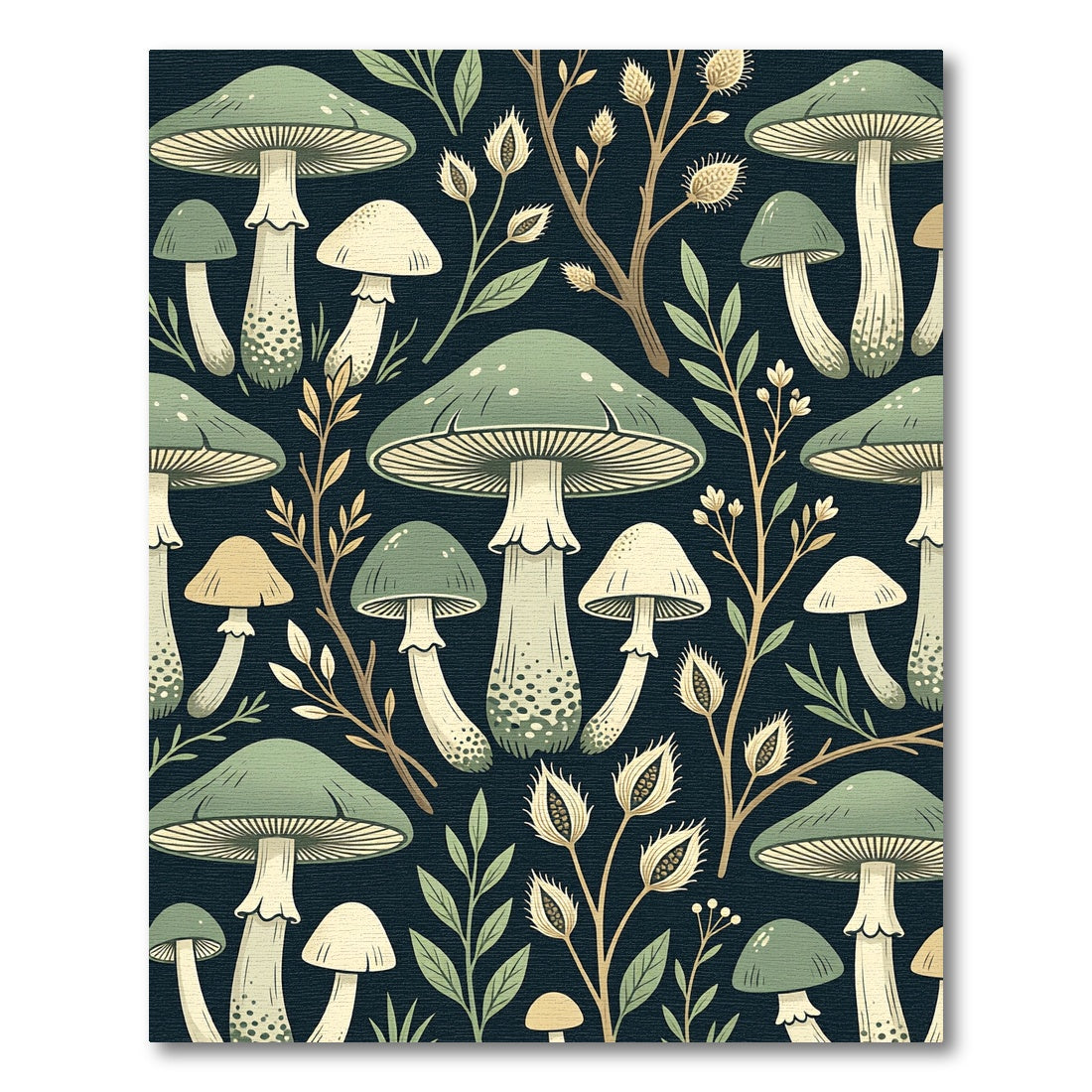 Sage Mushroom and Botanical Forest Illustration Rug