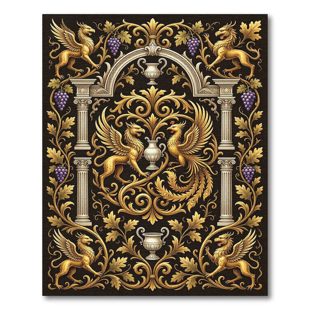 Ornate Gold Gryphon Phoenix Foliage Accent Rug