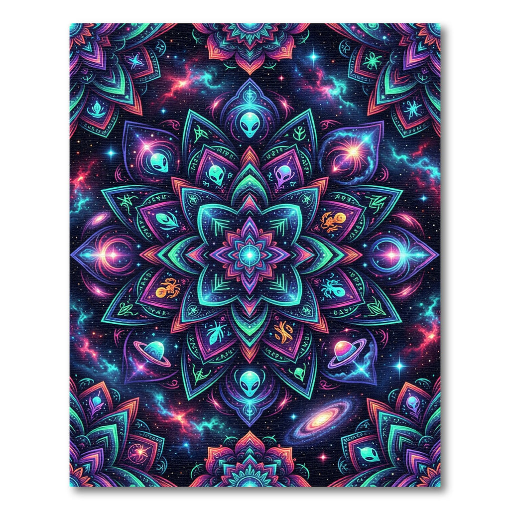 Cosmic Alien Mandala Neon Galaxy Rug