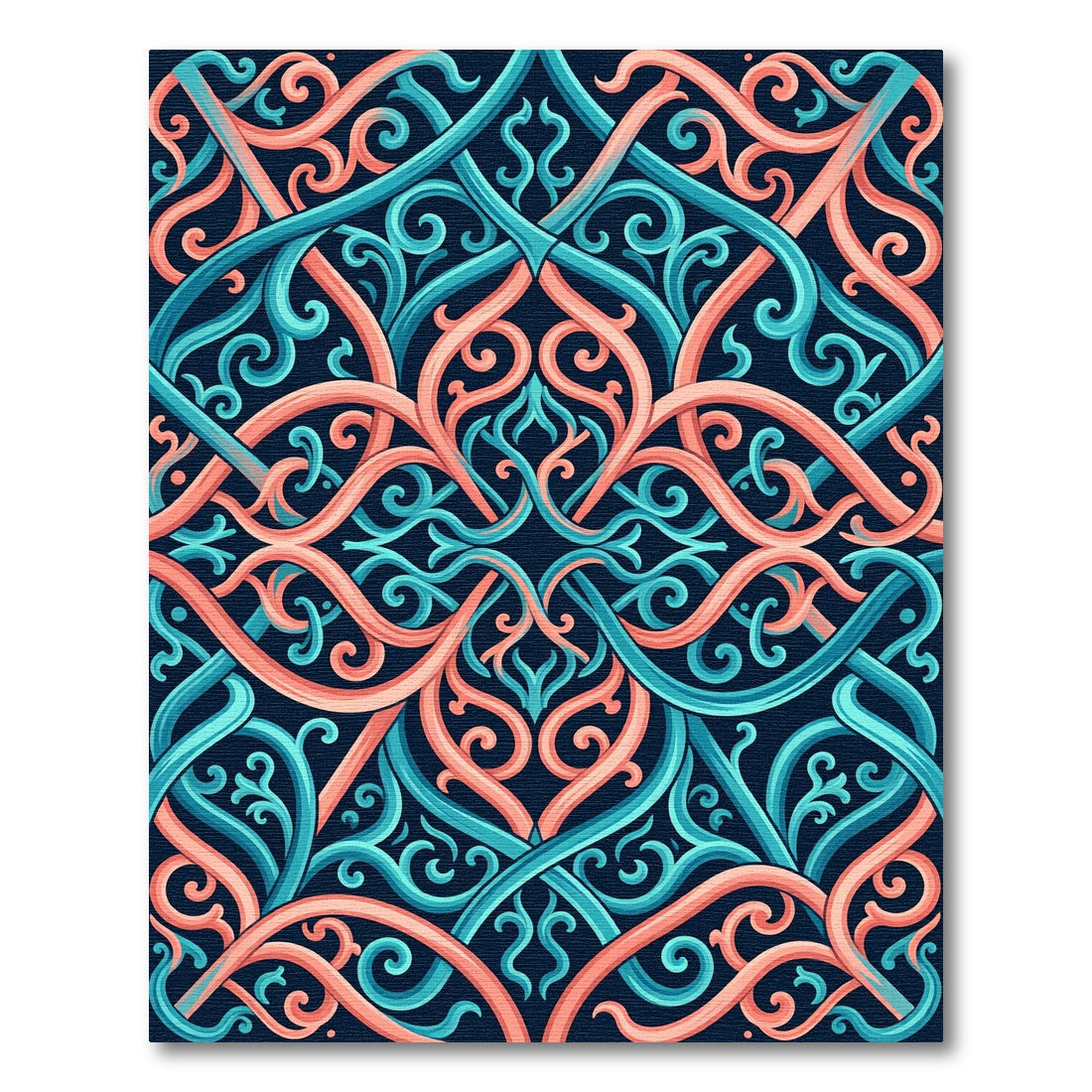 Intertwined Coral and Teal Scrollwork Rug