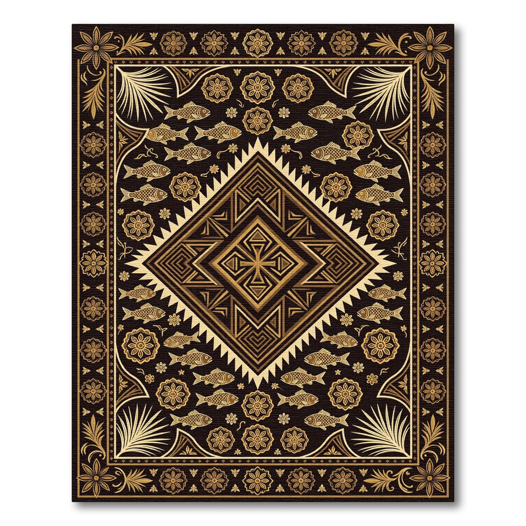Golden Geometric Fishmedallion Dark Tapestry Rug