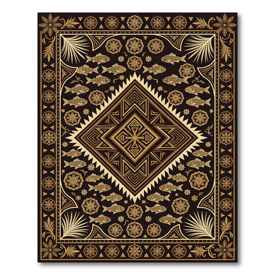 Golden Geometric Fishmedallion Dark Tapestry Rug