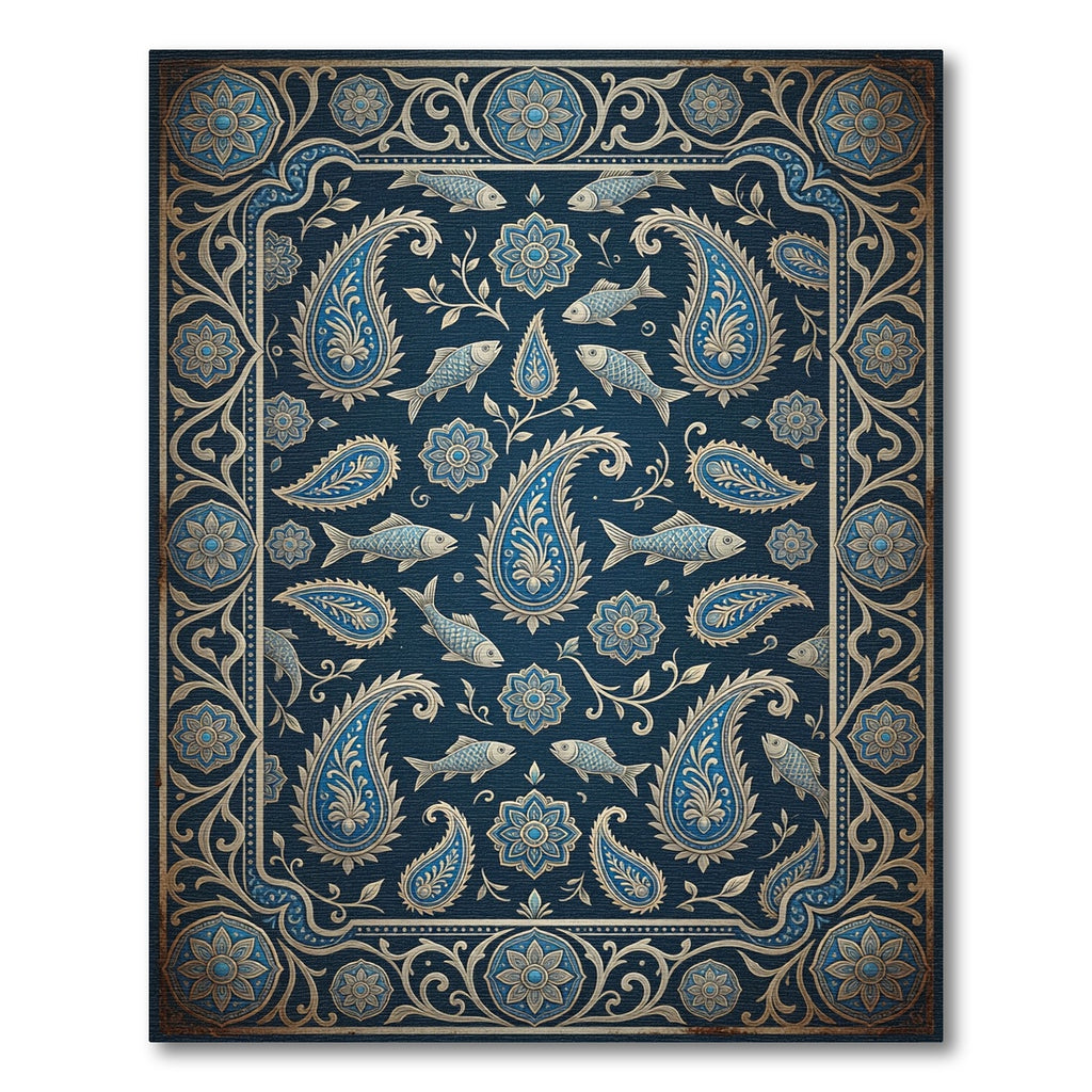 Navy Blue Paisley Fish Medallion Rug