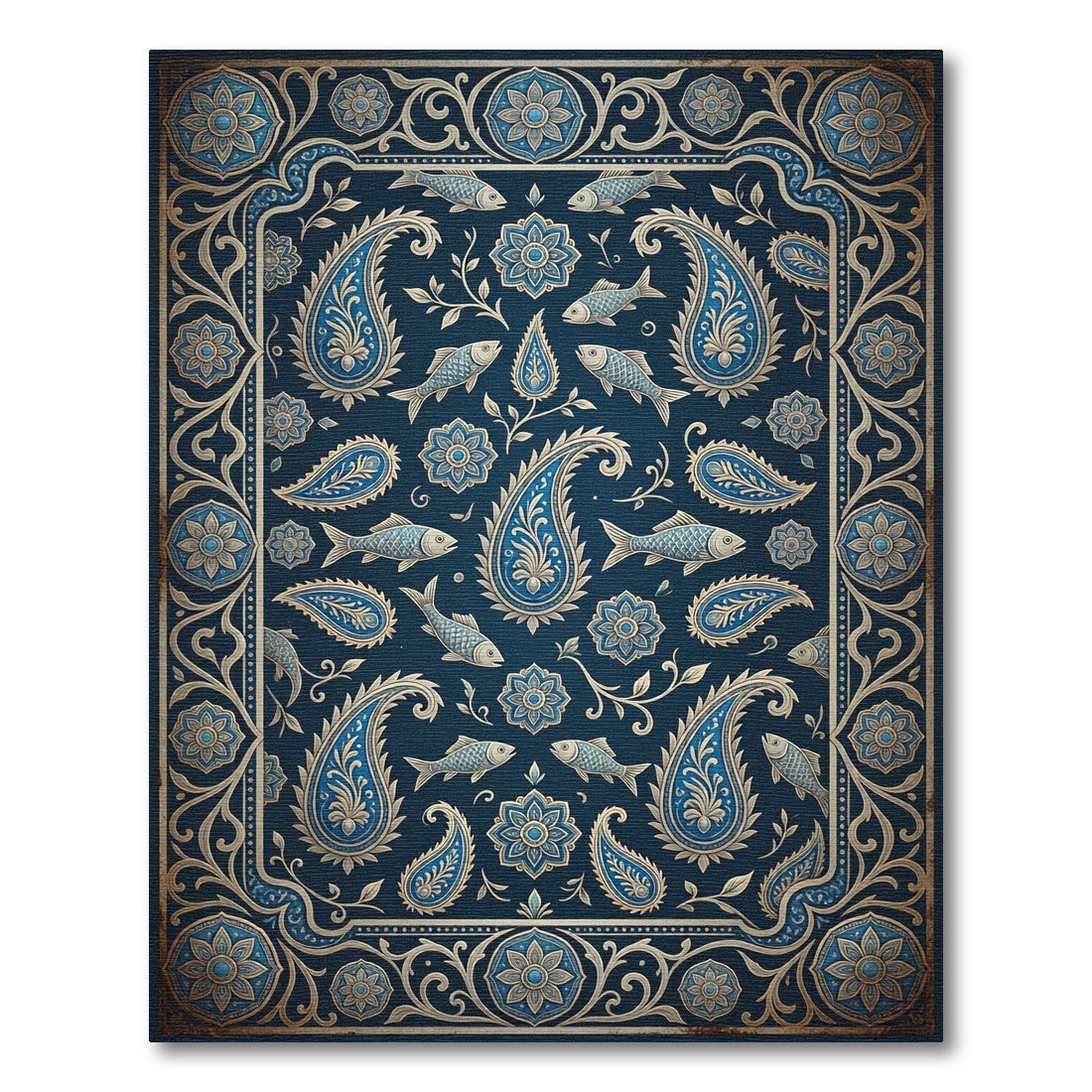 Navy Blue Paisley Fish Medallion Rug