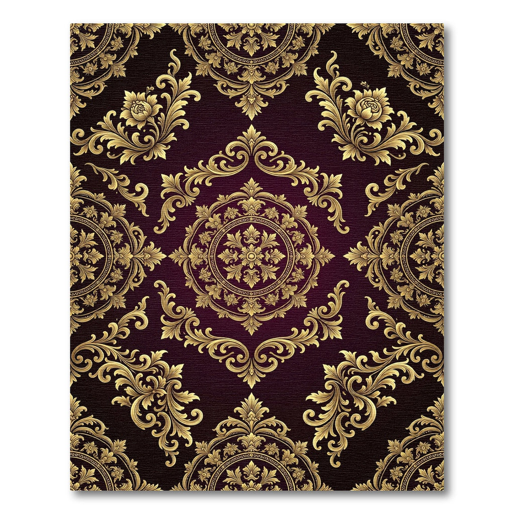 Elegant Gold Ornate Damask Burgundy Rug