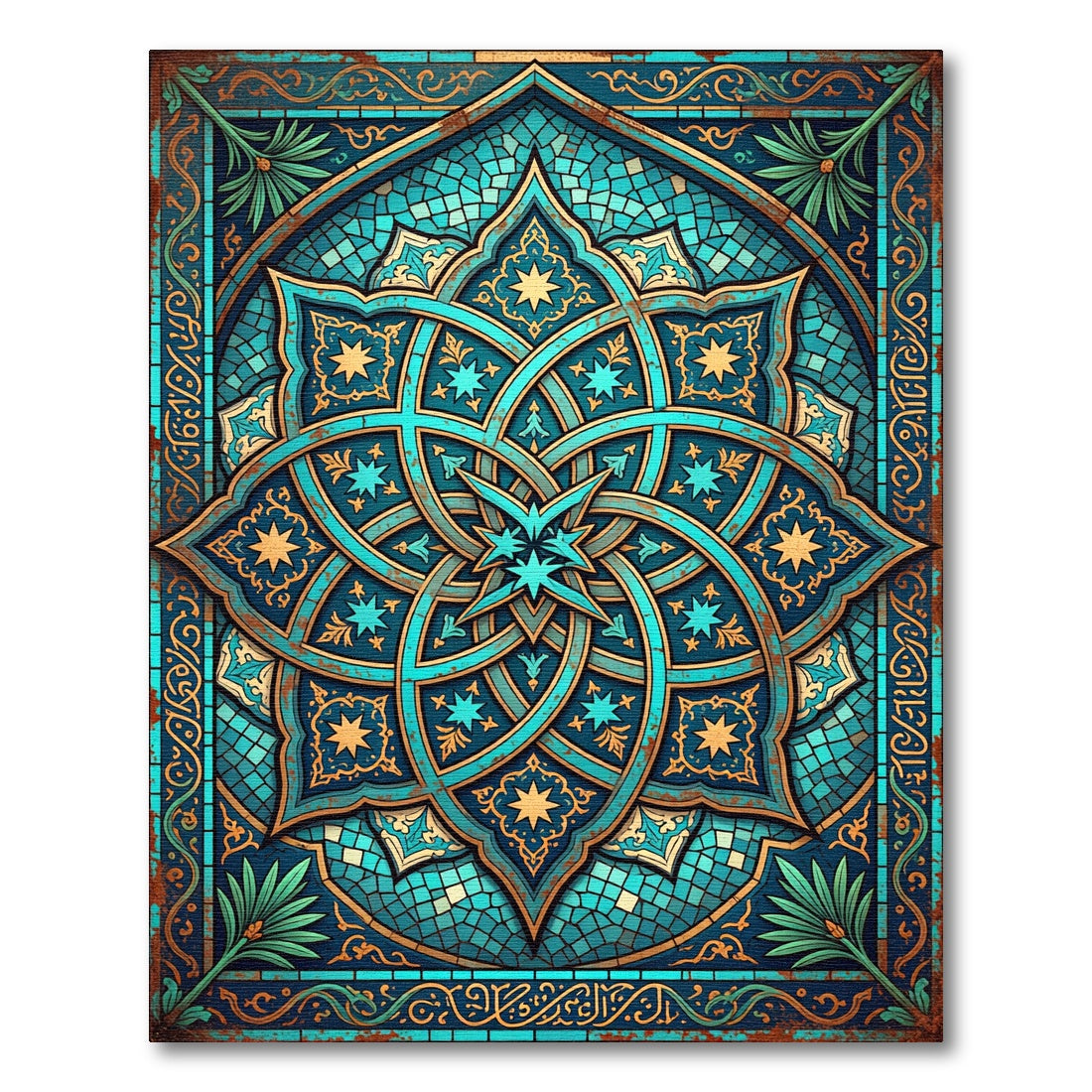 Teal Azure Geometric Star Medallion Rug