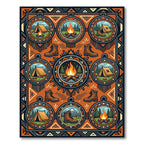 Earthy Orange Camping Adventure Medallion Illustration Rug