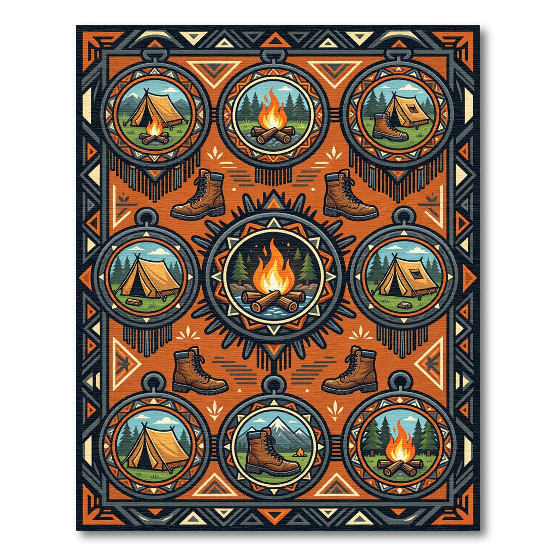 Earthy Orange Camping Adventure Medallion Illustration Rug
