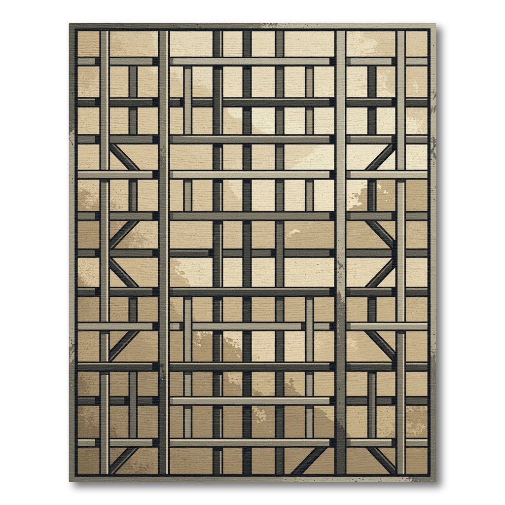 Tan Beige Abstract Grid Composition Rug