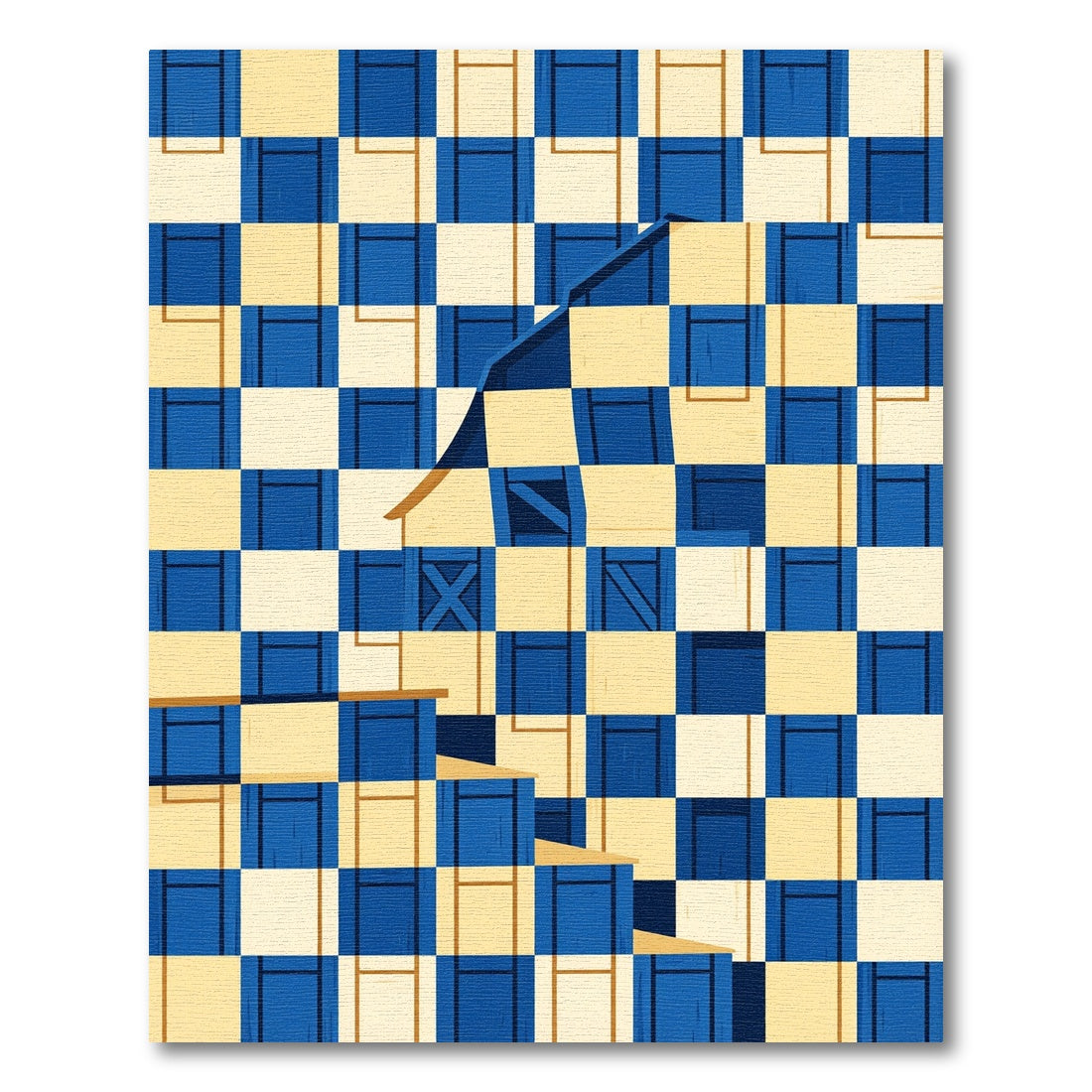 Geometric Navy and Cream Checked Abstract Rug