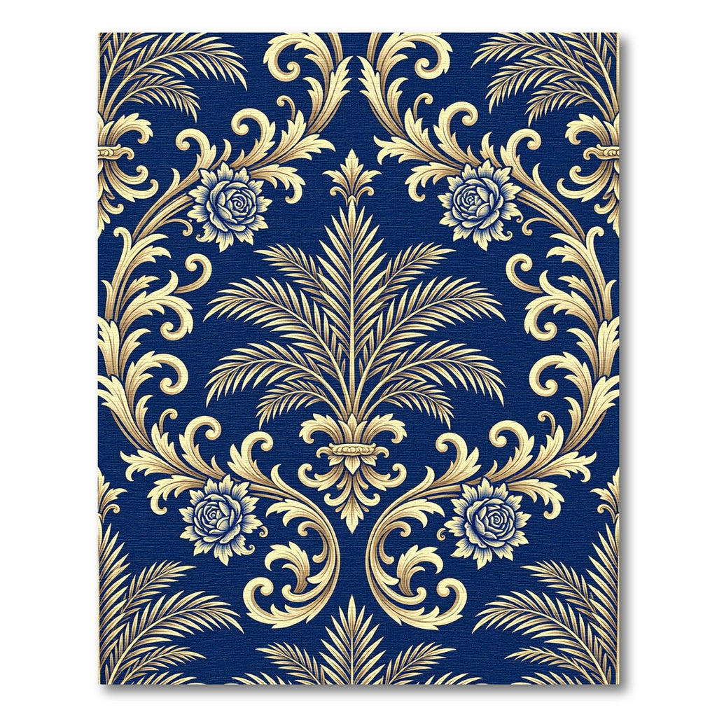 Royal Blue Golden Baroque Foliage Rug