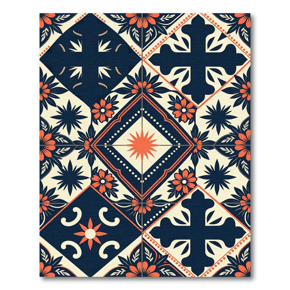 Navy and Orange Floral Geometric Tile Rug