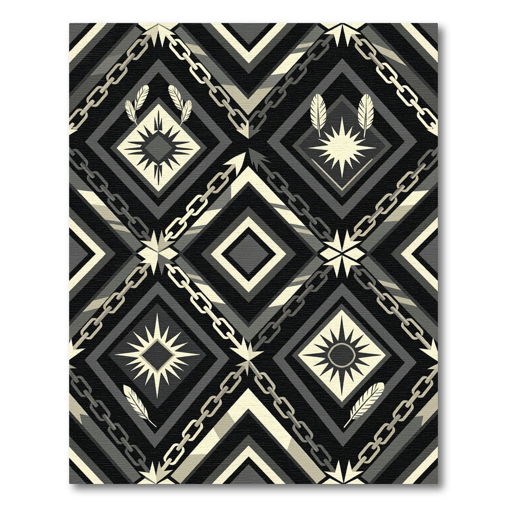 Monochrome Geometric Chain and Feather Rug