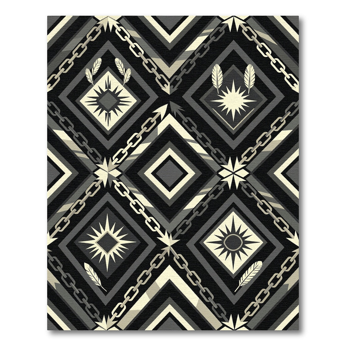 Monochrome Geometric Chain and Feather Rug