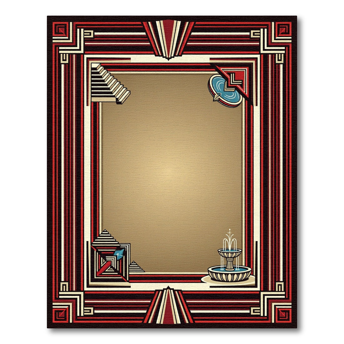 Art Deco Crimson Fountain Linear Border Rug