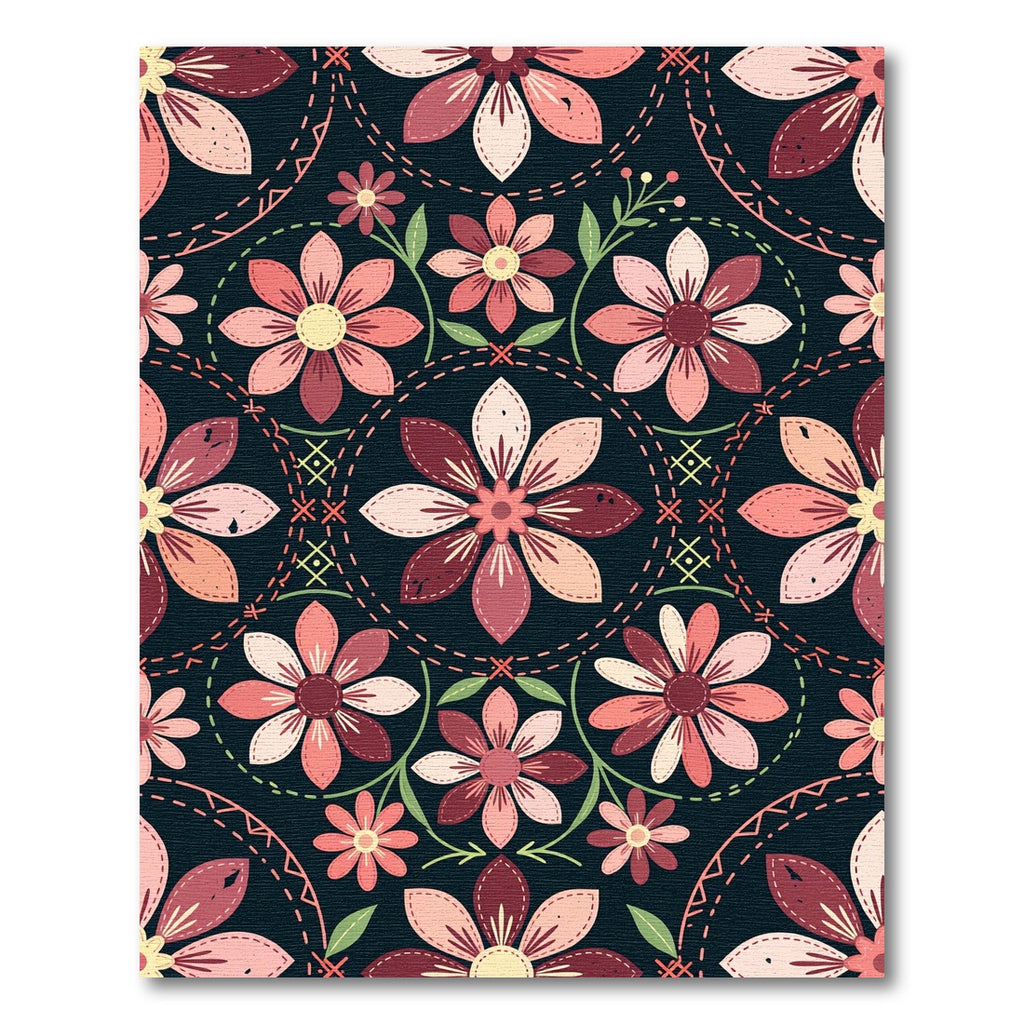 Dark Navy Blush Pink Floral Folk Rug