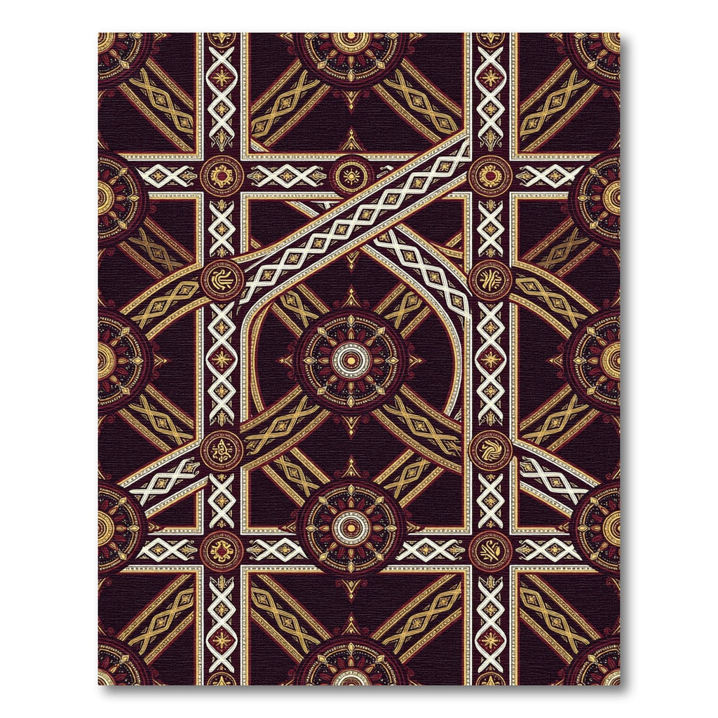 Ornate Burgundy Gold Geometric Medallion Rug