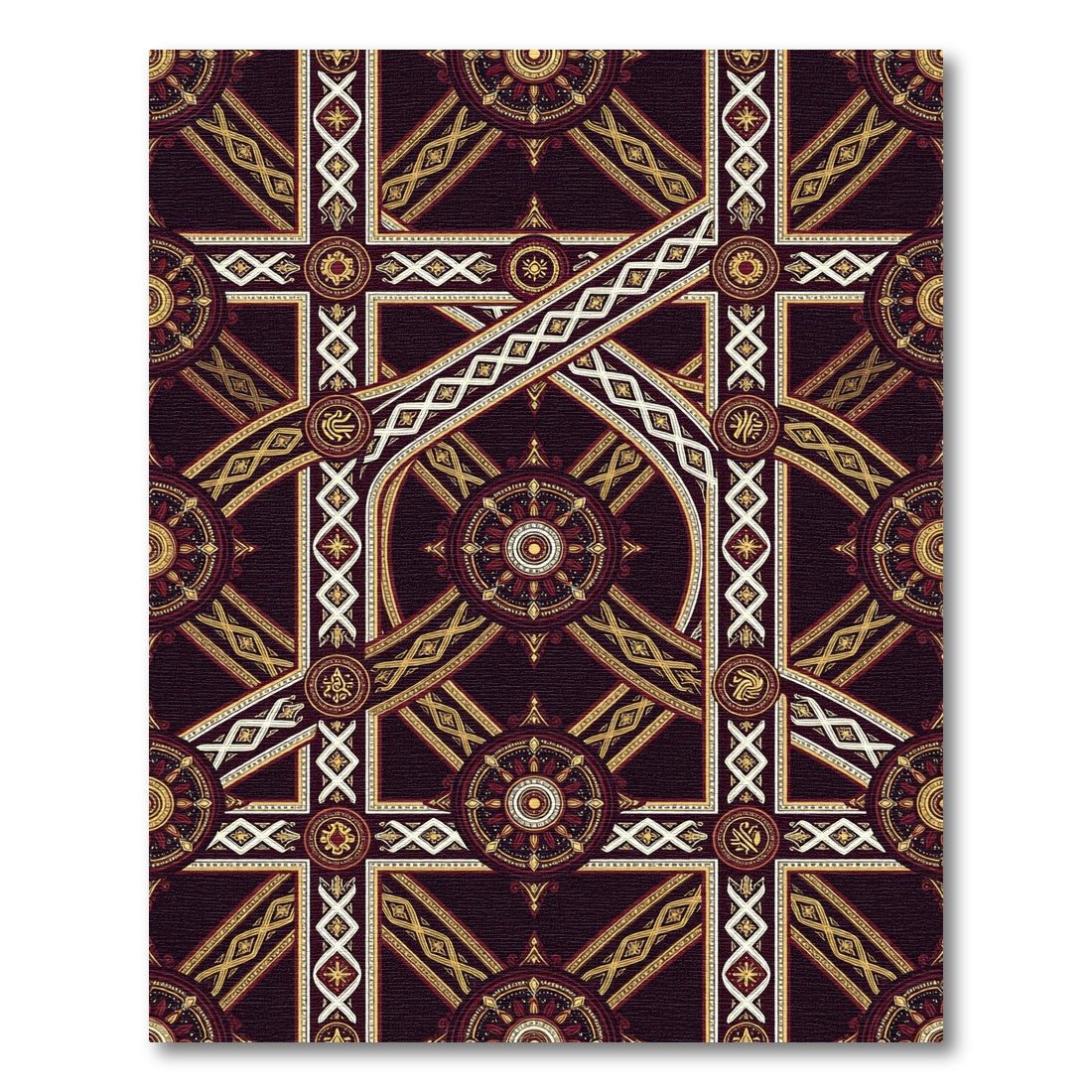 Ornate Burgundy Gold Geometric Medallion Rug