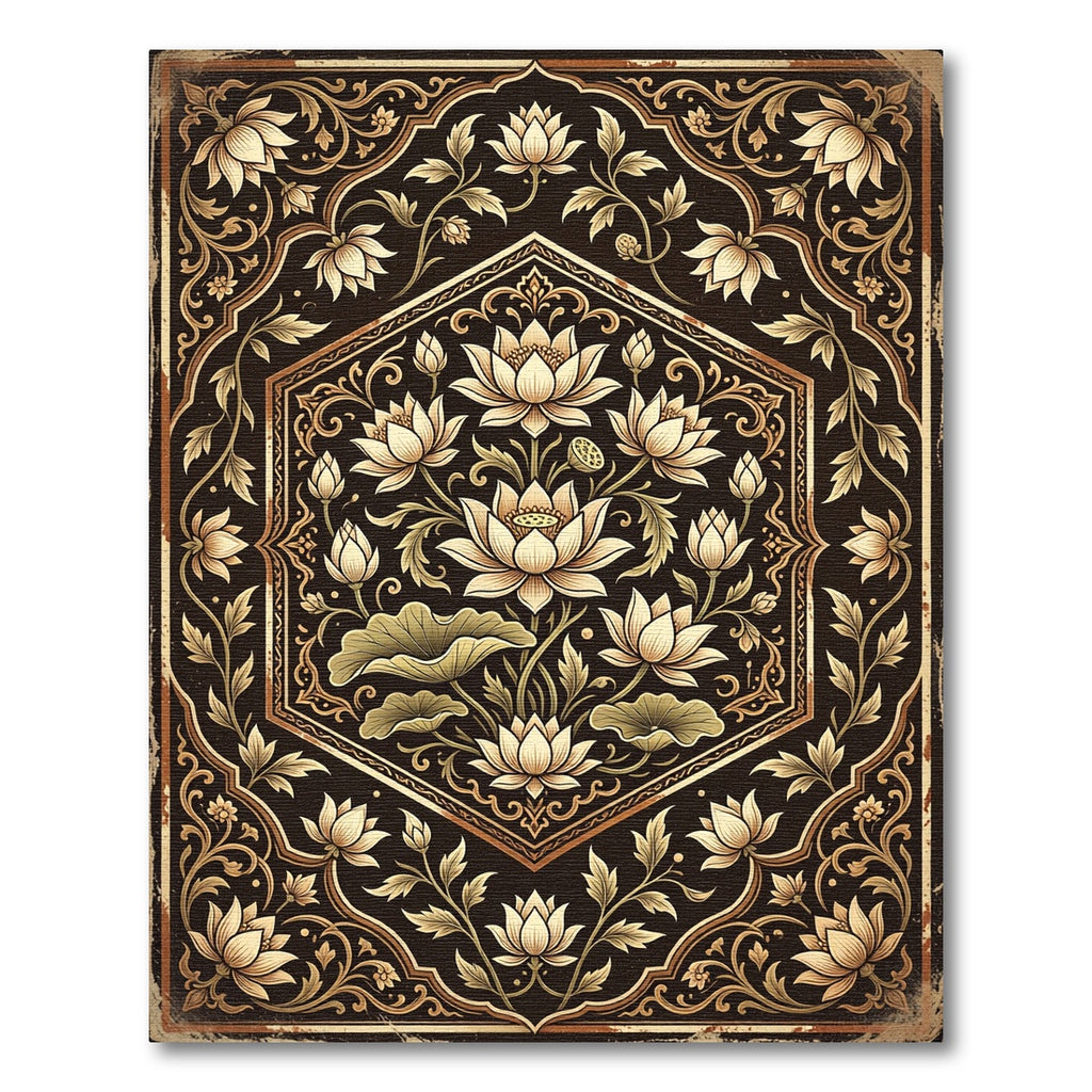 Golden Lotus Hexagon Floral Scroll Rug