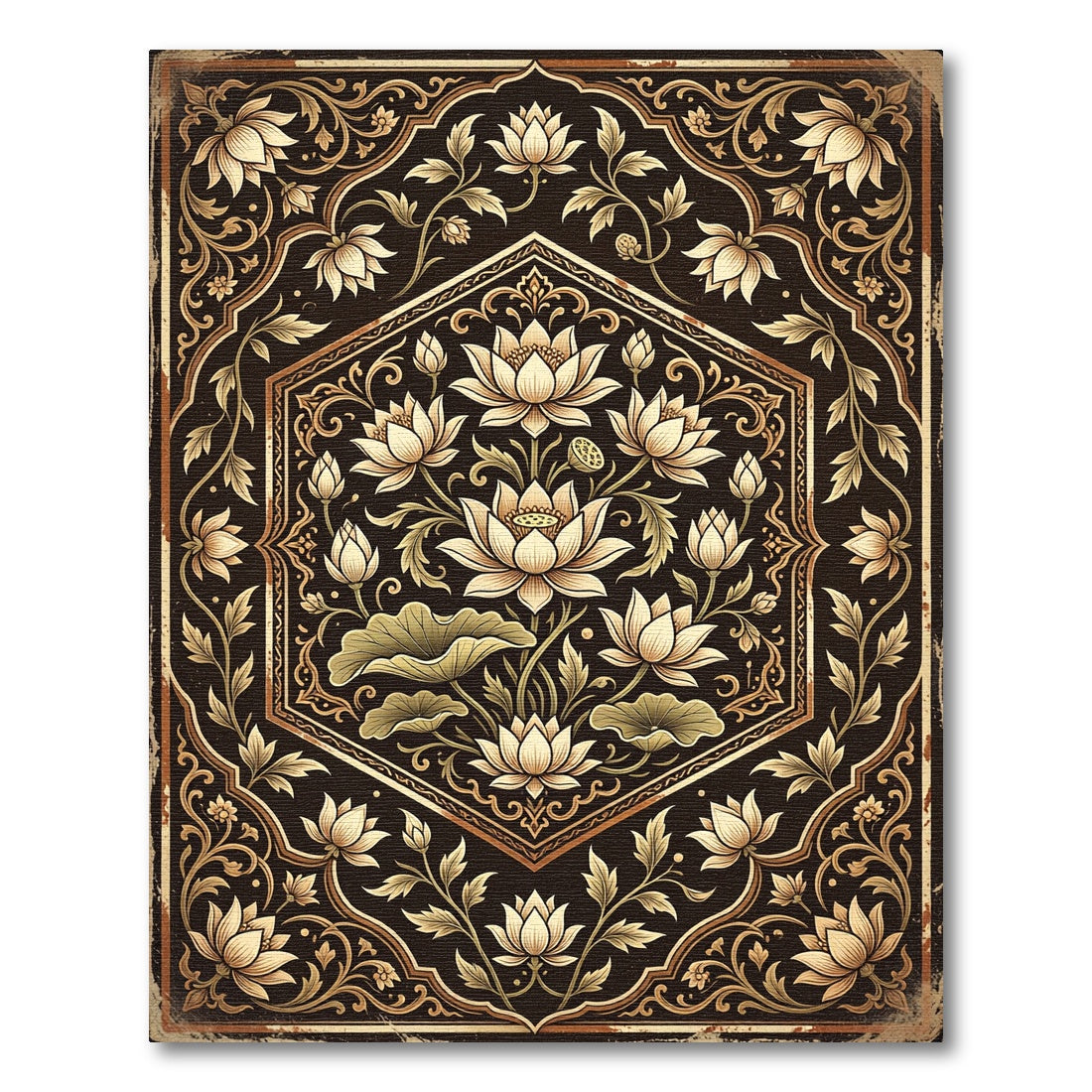 Golden Lotus Hexagon Floral Scroll Rug