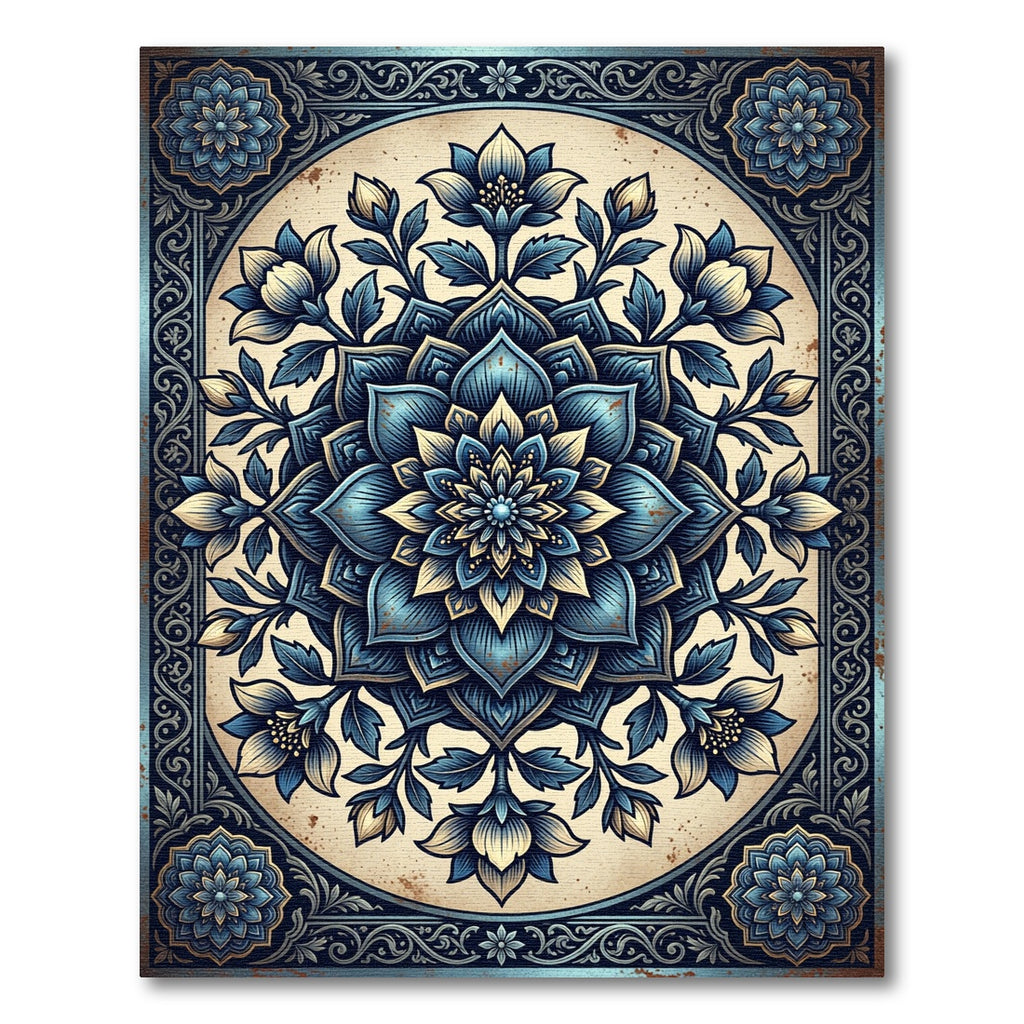 Intricate Navy Blue Floral Mandala Rug