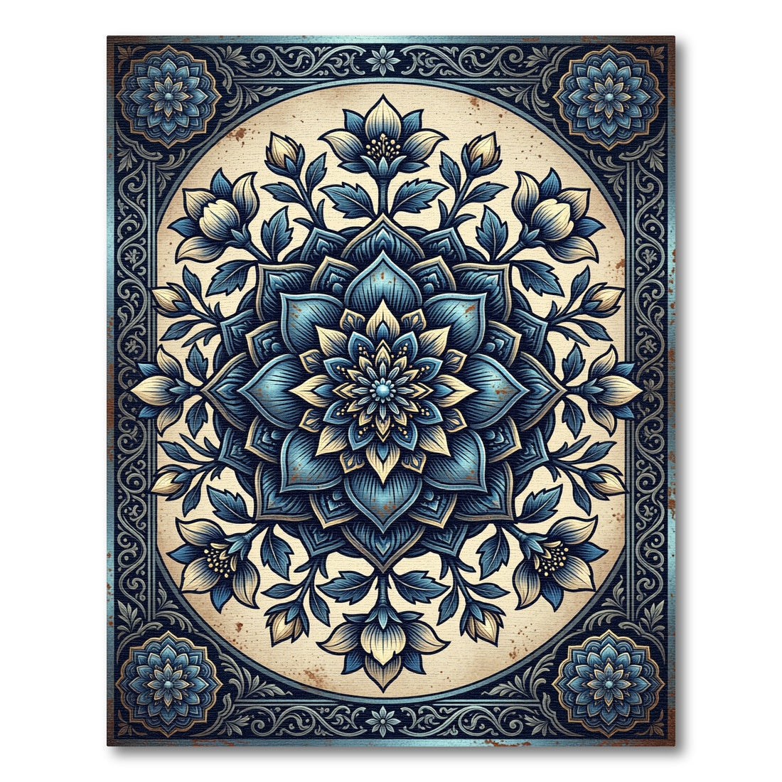 Intricate Navy Blue Floral Mandala Rug