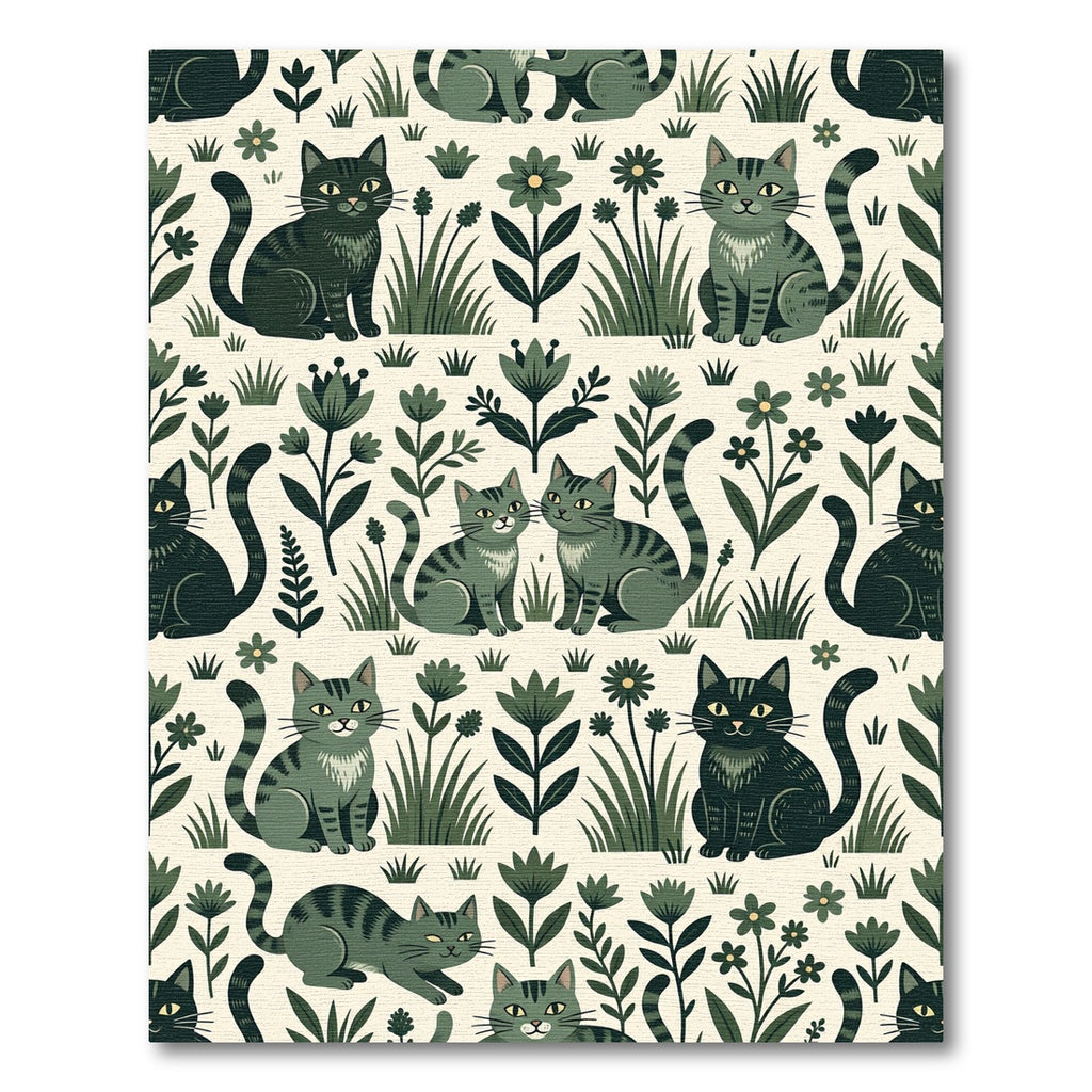 Whimsical Green Cats Floral Meadow Rug