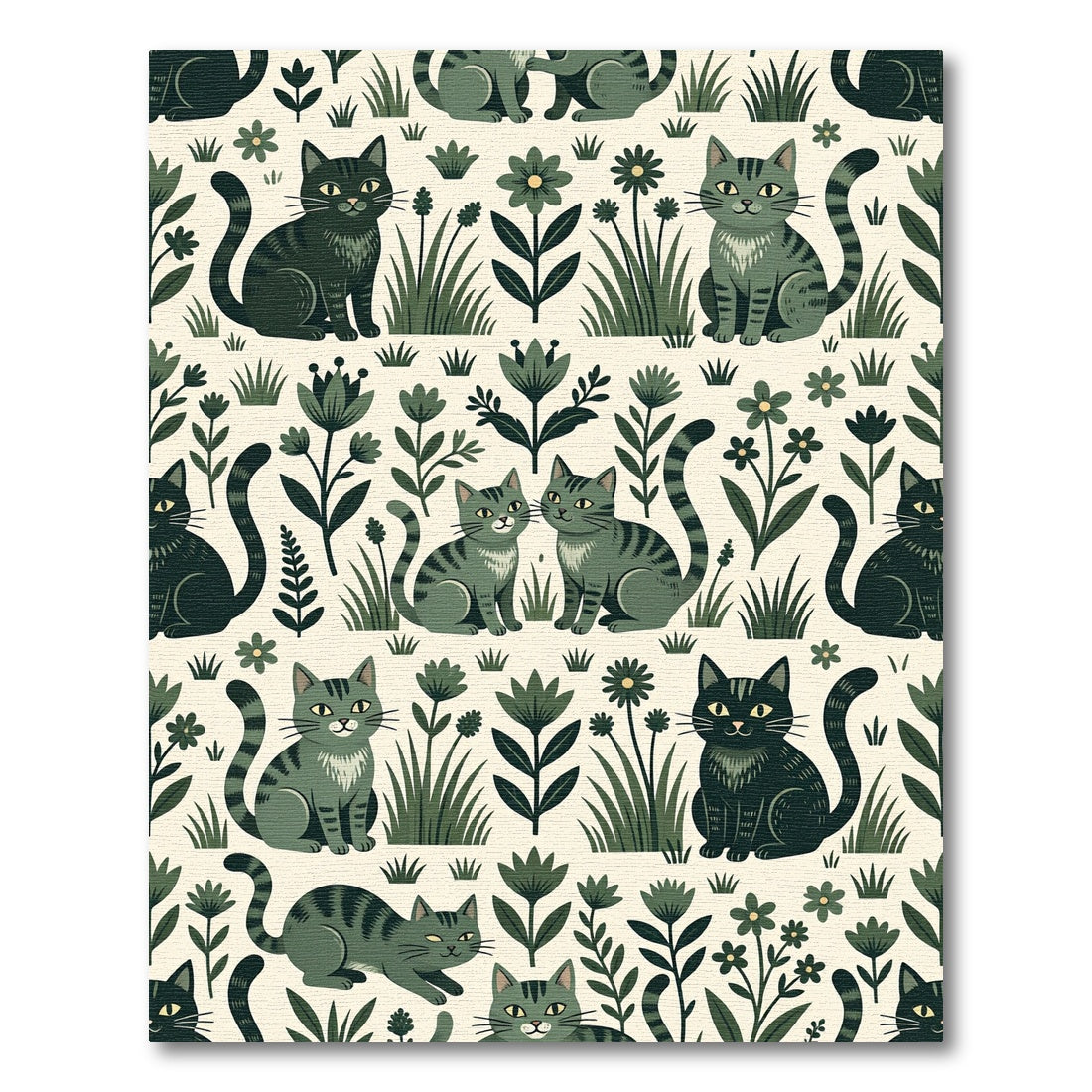 Whimsical Green Cats Floral Meadow Rug