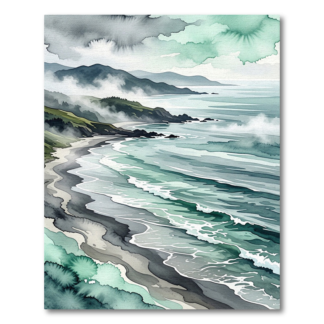 Misty Coastal Mountain Watercolor Landscape Rug