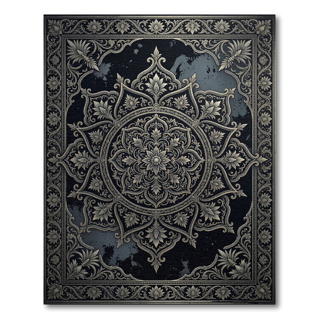 Antique Gold Floral Medallion Black Rug