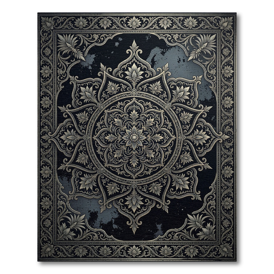 Antique Gold Floral Medallion Black Rug