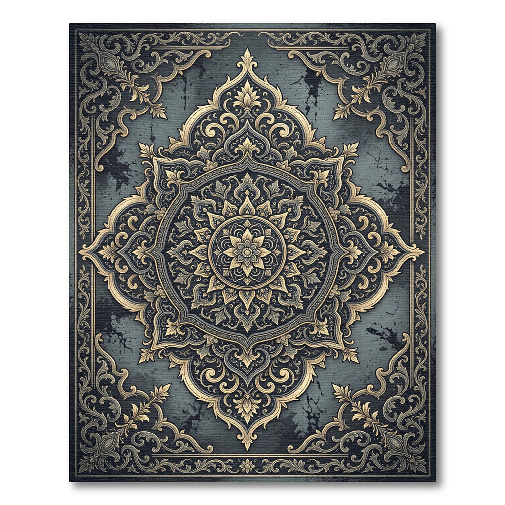 Ornate Gold and Teal Mandala Rug
