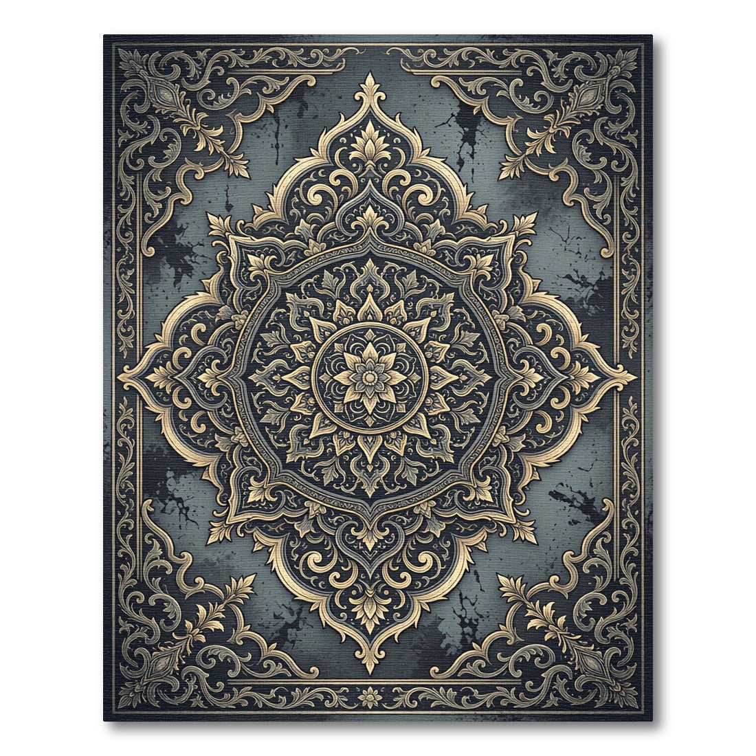 Ornate Gold and Teal Mandala Rug
